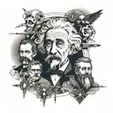einstein,archimeds,darwin,Newton,Galileo,nikola tesla,pythagorea composition drawing tattoo design idea