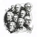 einstein,archimeds,darwin,Newton,Galileo,nikola tesla,pythagorea composition drawing tattoo design idea