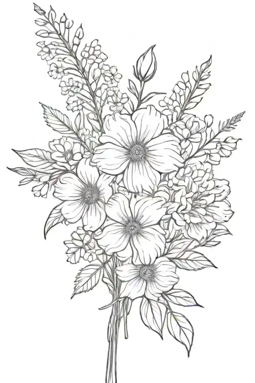 September, July, February, august, September birth flower bouquet with long  stems tied together with a string tattoo design idea