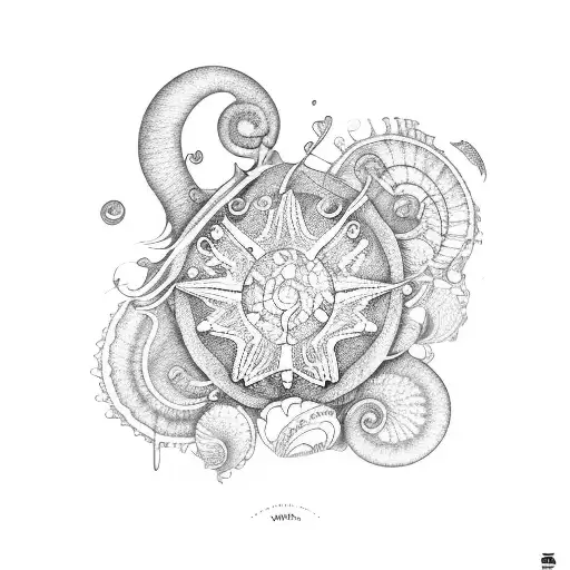 A musical staff with notes made out of seashells and sand dollars tattoo design idea