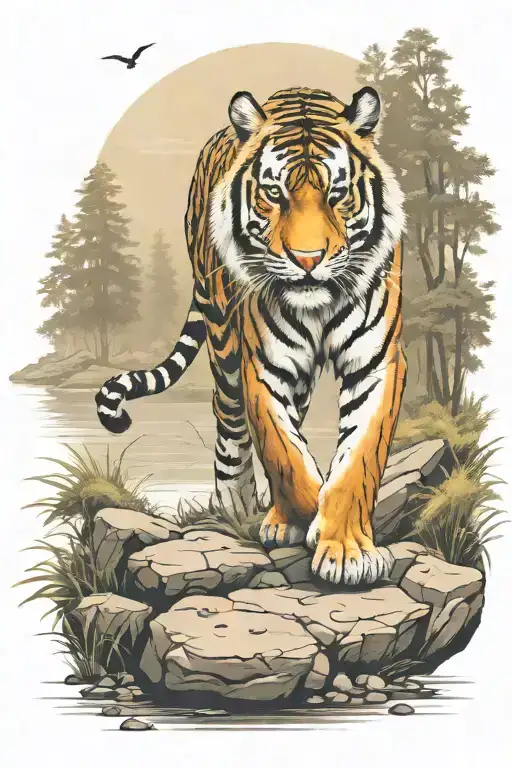 tiger walking down the rock road in the forest to the lake tattoo design idea
