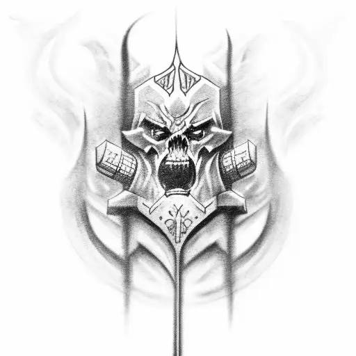 Design a black-grey tattoo depicting the god of Helheim in a powerful pose tattoo design idea
