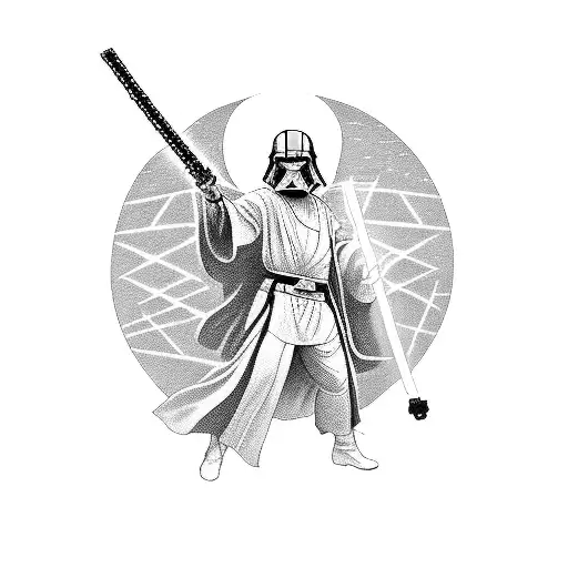 A blackwork tattoo of a Jedi wielding a lightsaber in a dramatic pose tattoo design idea