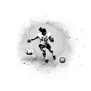 A striking tattoo design featuring a football player dribbling a ball while surrounded by the vibrant colors and energy of a favela, representing the client's dedication as an athlete and their love for the favela. tattoo design idea