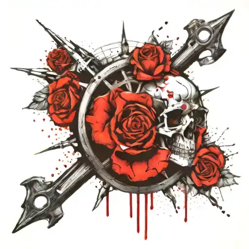 skull rose and ship wheel tattoo design idea