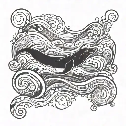 Create a black minimalistic fine line tattoo that is just one simple fine line of waves across horizontally with a seal, tattoo design idea
