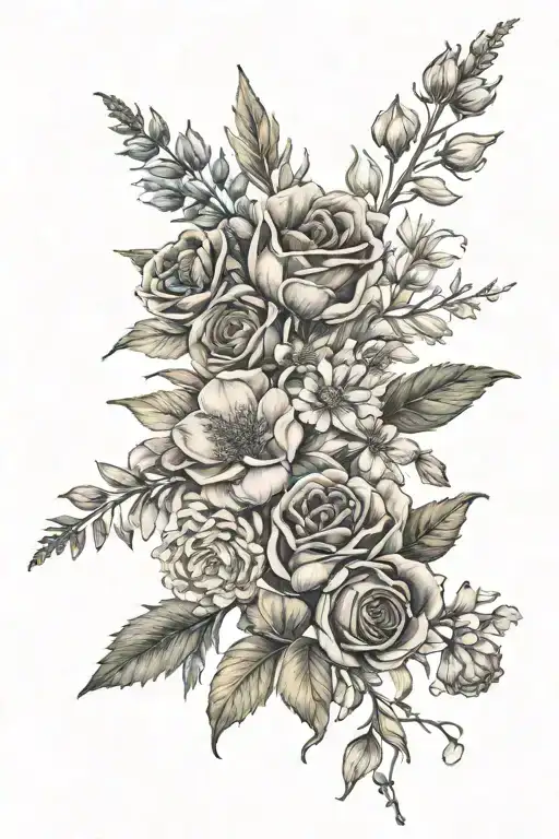 birth flower bouquet (march, june, october, september) tattoo design idea