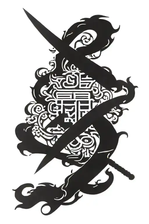 red chinese letter with a black sword   tattoo design idea