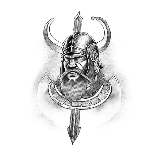 Viking warrior wielding a sword, surrounded by roses tattoo design idea