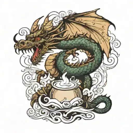 a small dragon underneath written power with coconut oil tattoo design idea