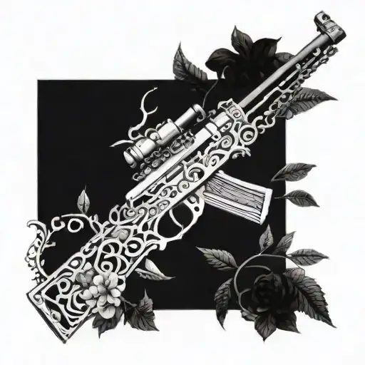 An intricate design of a military rifle intertwined with vines and flowers, symbolizing the connection between nature and weaponry tattoo design idea