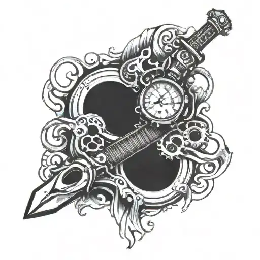 balisong  and brass knuckles and clock with 13:12 tattoo design idea
