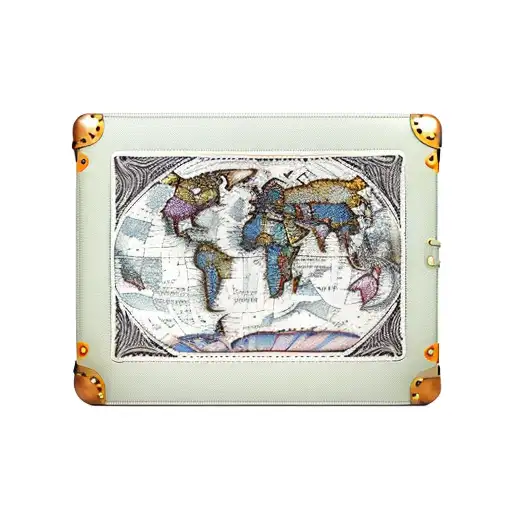 A vintage suitcase open, revealing a world map with passport stamps on top tattoo design idea