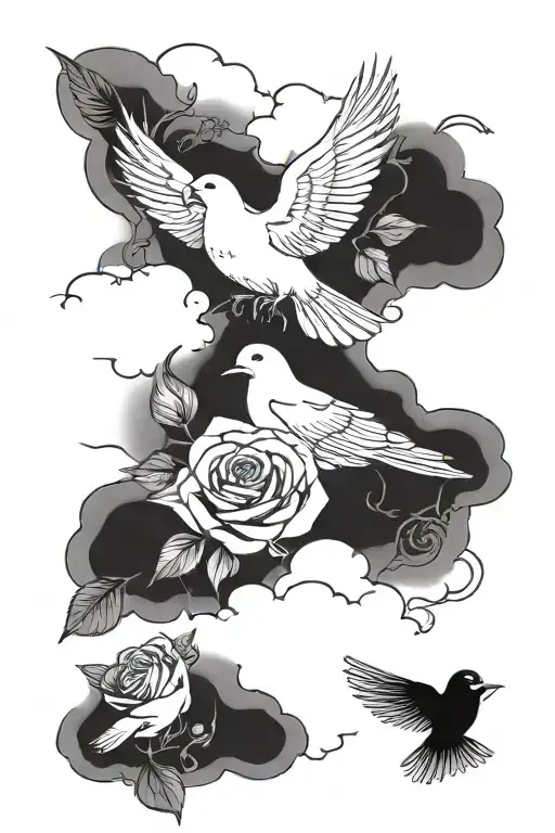 roses, doves and clouds surrounding tattoo design idea