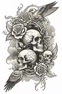 Doves, roses and skulls in the clouds surrounding tattoo design idea