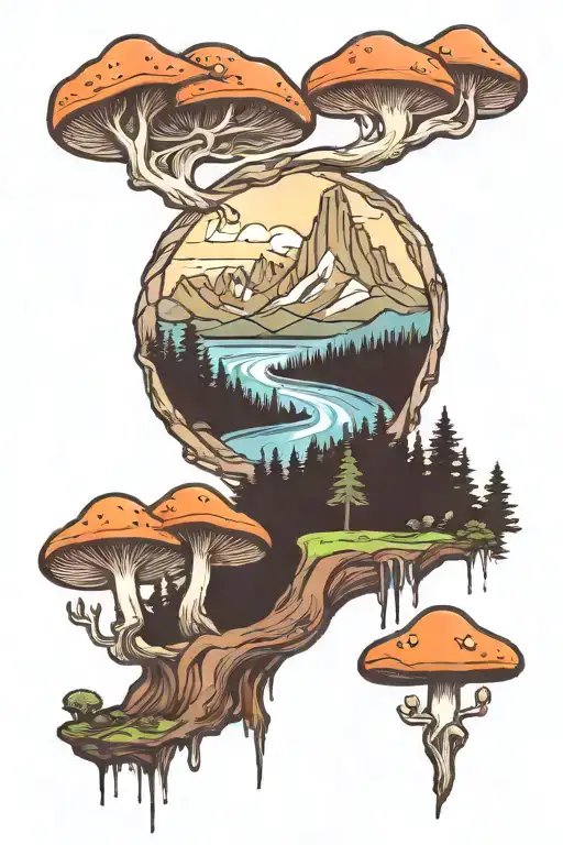 mountain range with a river flowing through the forest and mushrooms below tattoo design idea