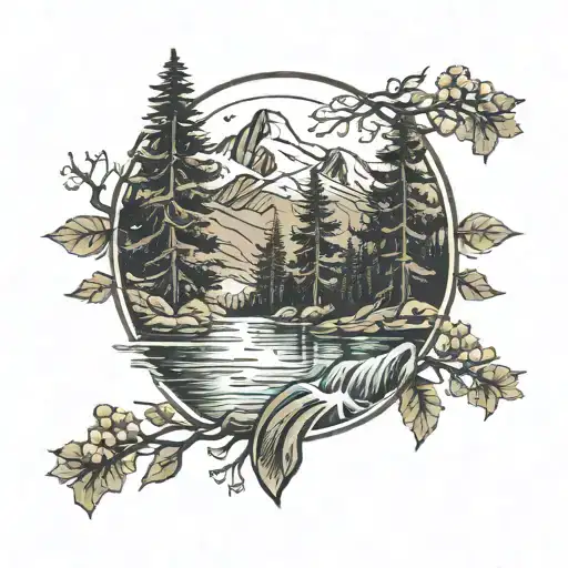 mountains river running oregon trees from bottom tattoo design idea