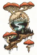 mountain range with a river flowing through the forest and mushrooms below tattoo design idea