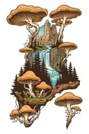 mountain range with a river flowing through the forest and mushrooms below tattoo design idea