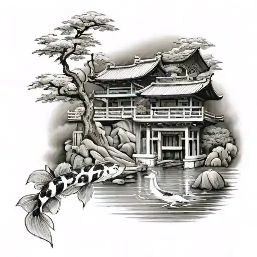 Itsukushima Shrine with koi fish tattoo design idea