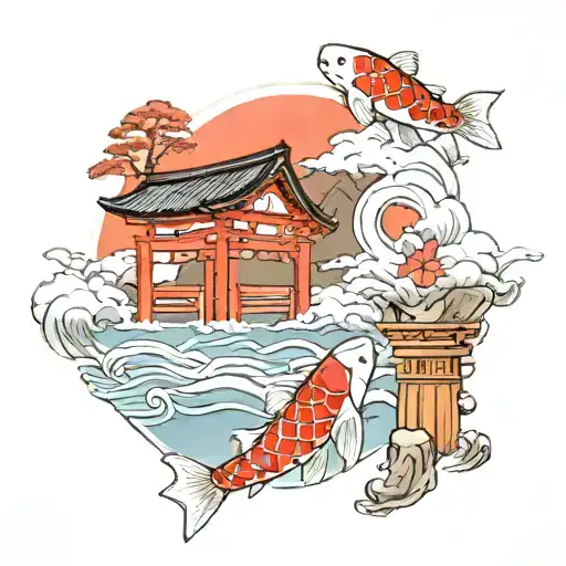 Itsukushima Shrine with koi fish tattoo design idea