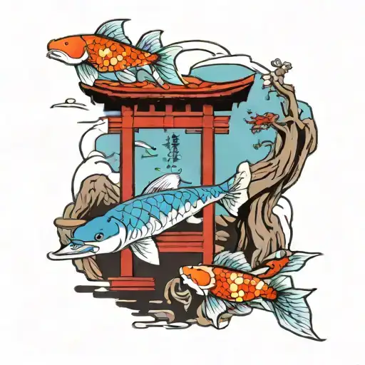 Itsukushima Shrine with koi fish tattoo design idea