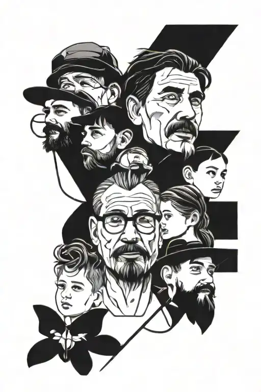 A stylized portrait of your father surrounded by his kids and grandkids, each represented by a unique symbol or animal that reflects their personality, all connected by a winding road symbolizing the journey of life tattoo design idea