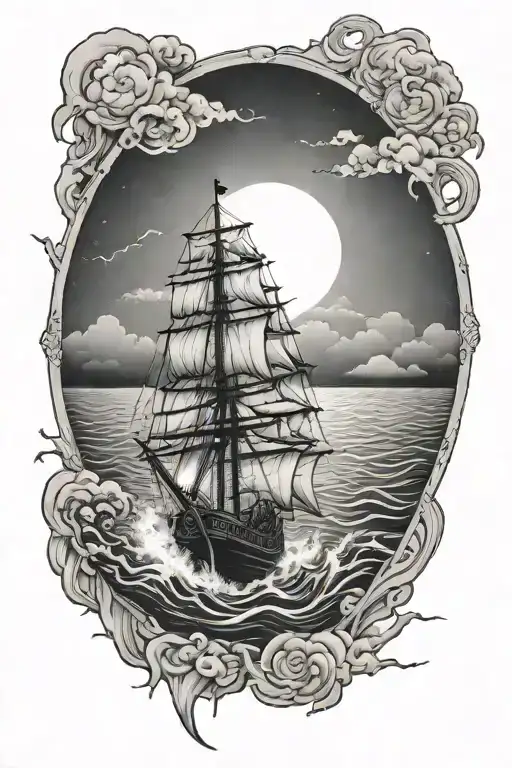 Lightning, ocean, full clear  moon, small pirate ship sailing through storm, rain clouds, sinking ship  tattoo design idea