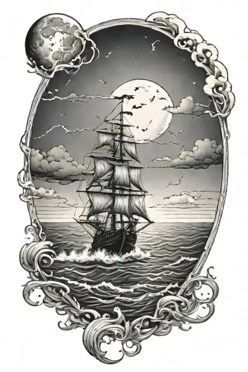 Lightning storm , ocean, full clear  moon, small one pirate ship,  rain clouds, one sinking ship in the distance tattoo design idea