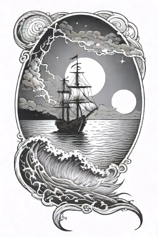 Lightning, River/ocean, moon, small pirate ship sailing through storm, rain clouds,  tattoo design idea