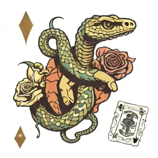 rattlesnake around skeleton hand holding cards tattoo design idea