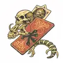 rattlesnake around skeleton hand holding cards tattoo design idea