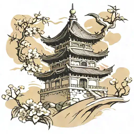 Chinese tower by butter fly tattoo design idea