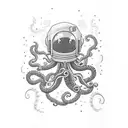 An astronaut floating in zero gravity, surrounded by octopuses with their tentacles swirling around tattoo design idea