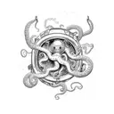 An astronaut floating in zero gravity, surrounded by octopuses with their tentacles swirling around tattoo design idea