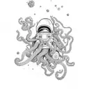 An astronaut floating in zero gravity, surrounded by octopuses with their tentacles swirling around tattoo design idea
