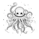 An astronaut floating in zero gravity, surrounded by octopuses with their tentacles swirling around tattoo design idea