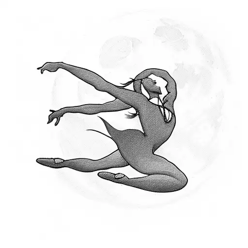 A black and white silhouette of a dancer gracefully leaping across the moonlit beach tattoo design idea