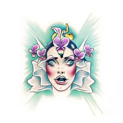 face of ugly woman with beautiful eyes and orchid on the side tattoo design idea