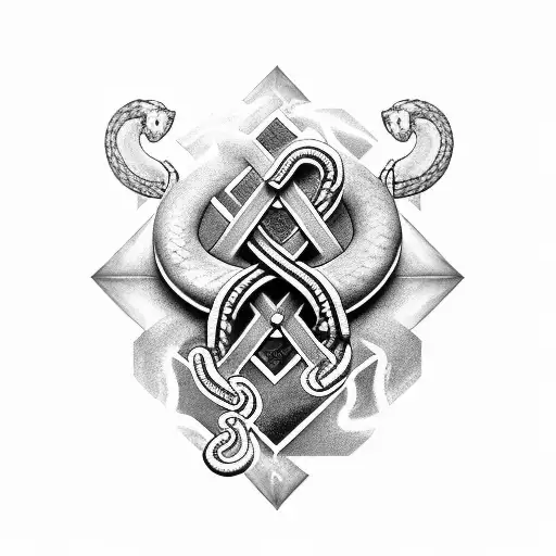 Creative mythical grey and black tattoo with viking runes, snakes, and caduceus symbol; fine detail, extremely realistic tattoo design idea