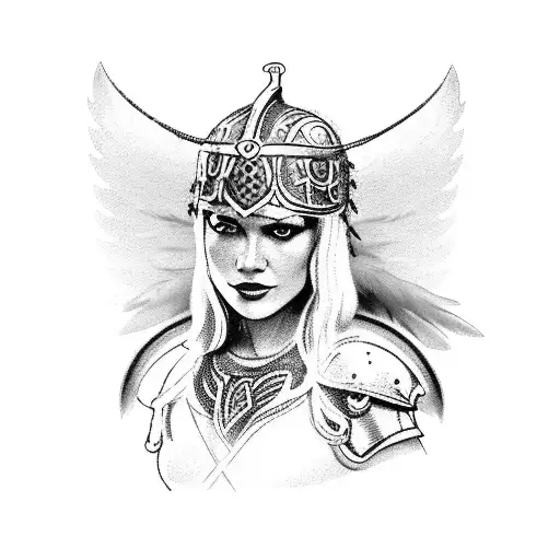 viking valkyrie women with feather helmet, crow with open wings at her nex area and viking markings on her face. tattoo design idea