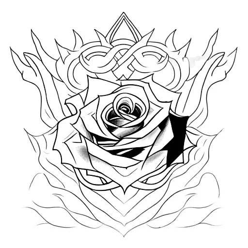 A minimalist tattoo of a rose entangled with a demonic sword, representing the protagonist's journey in Devil May Cry. tattoo design idea