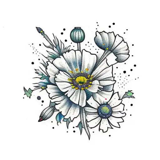 bouquet of poppys, cosmos and edelweiss in water paint tattoo design idea