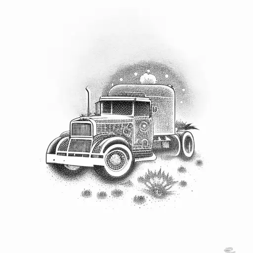 A dotwork tattoo of a truck driving through a field of weed plants, with a golden sun shining above tattoo design idea