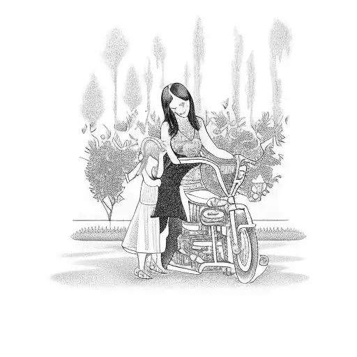A blackwork tattoo of a garden scene, with your daughter watering plants while sitting on a Harley Davidson motorcycle tattoo design idea