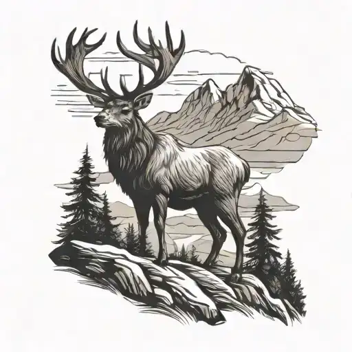 A majestic stag standing on a hill overlooking a scenic Scottish landscape tattoo design idea
