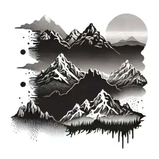 A series of mountain ranges fading into the distance, with each one representing a different stage of a hiking journey tattoo design idea