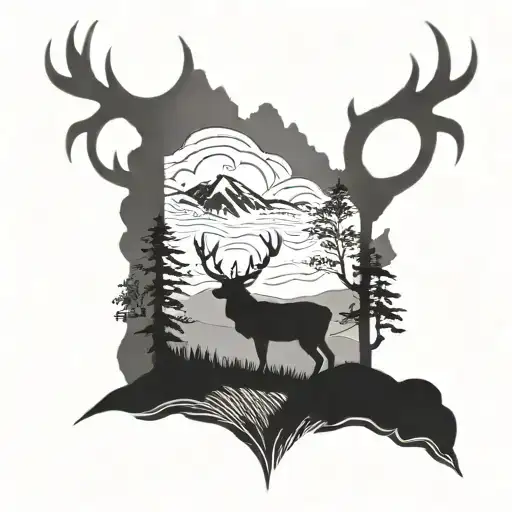 A majestic stag standing on a hill overlooking a scenic Scottish landscape tattoo design idea