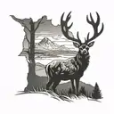 A majestic stag standing on a hill overlooking a scenic Scottish landscape tattoo design idea
