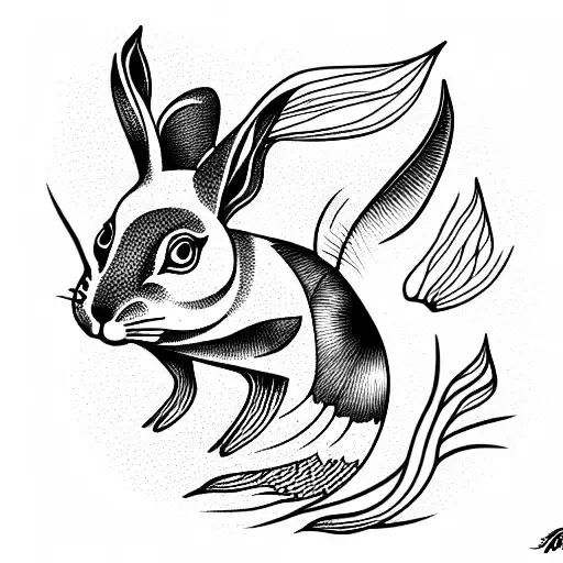 Water rabbit with fish tattoo design idea